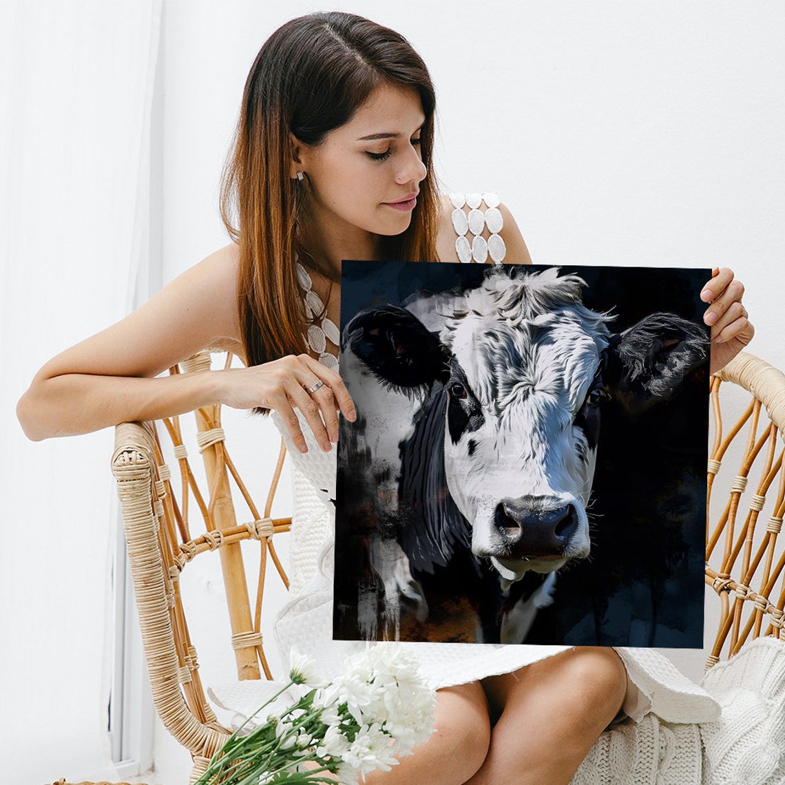 Black White Cow Portrait Dramatic Dark Painterly Farmhouse Wall Poster - Image 3