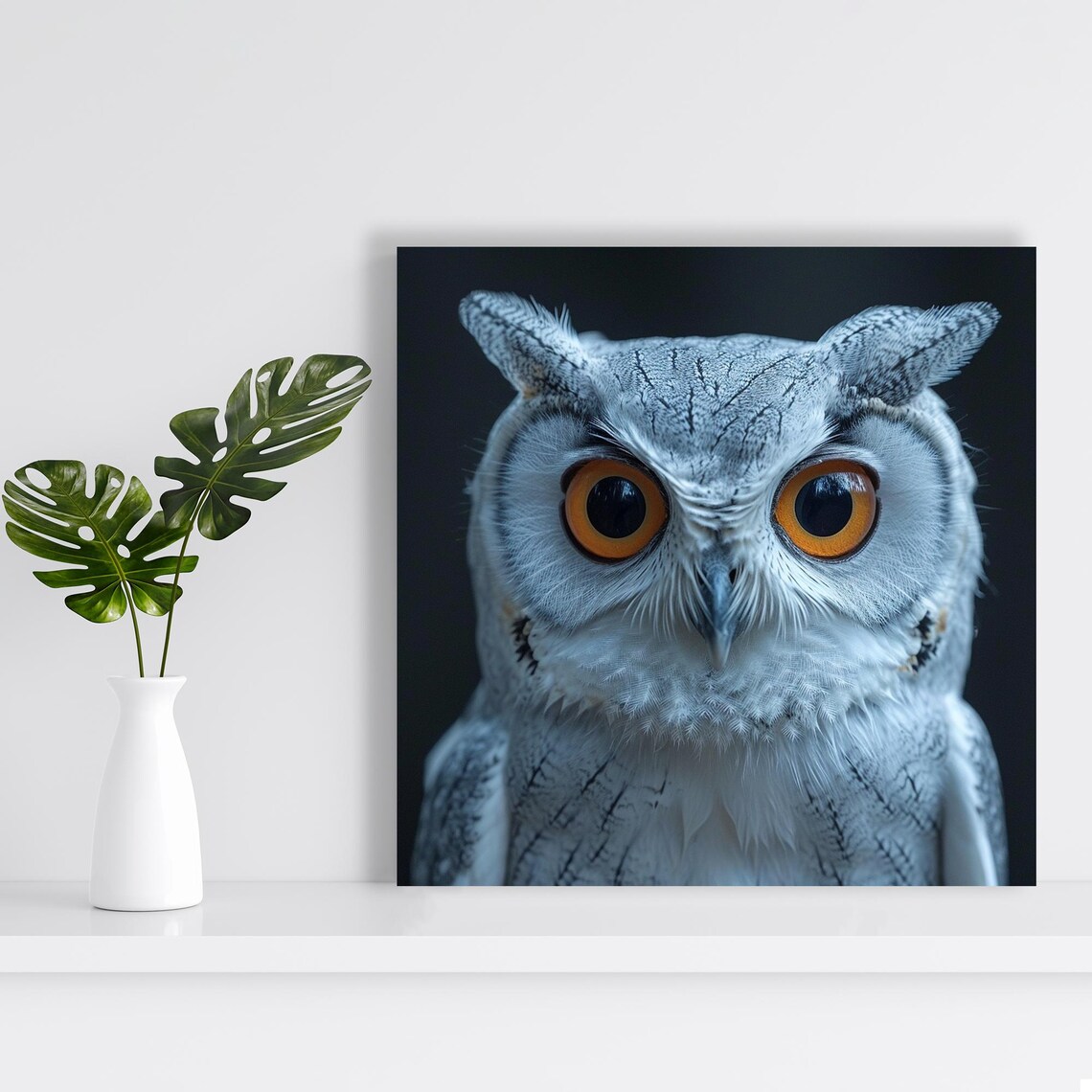 White Owl Piercing Orange Eyes Night Wildlife Close Up Photo Art Poster - Image 2