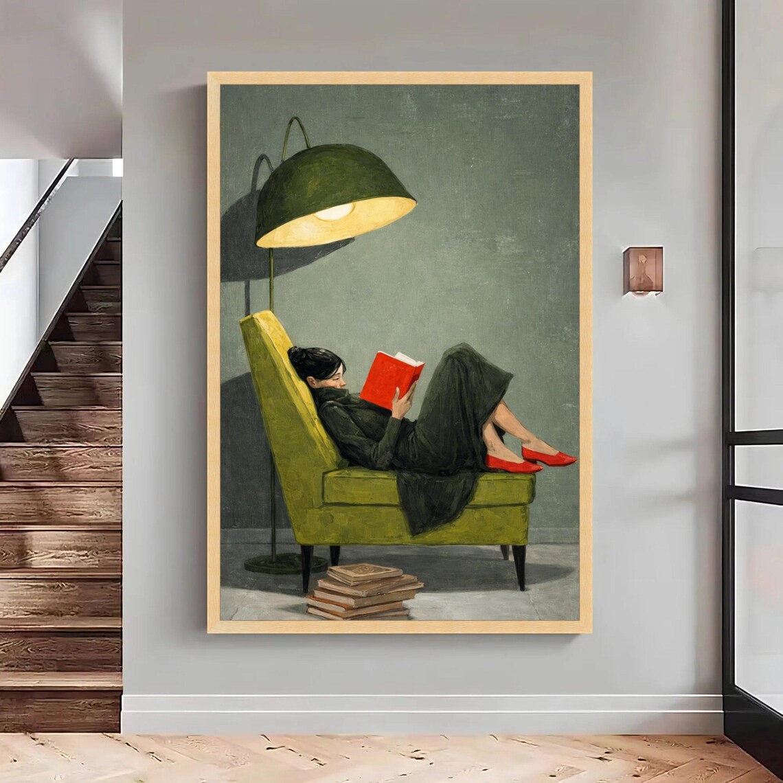 Cozy Reading Moment Woman on Green Chair Art Print