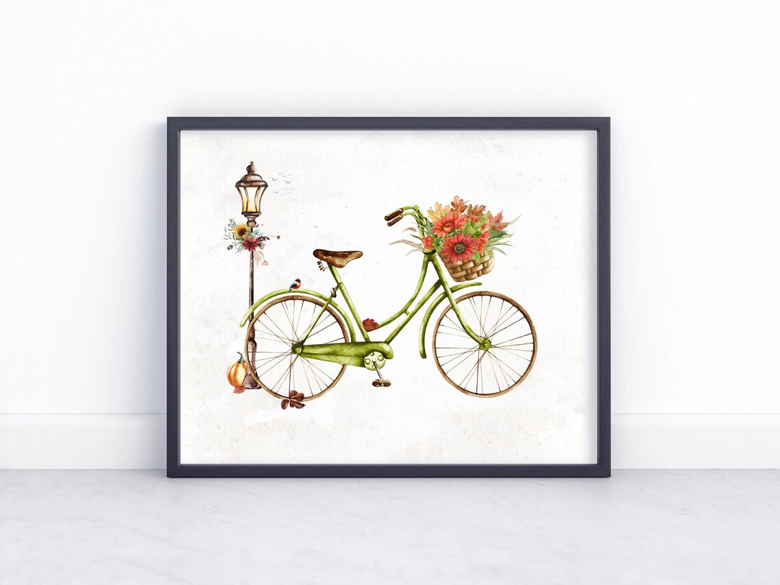 Vintage Green Bicycle Fall Flower Basket Autumn Bike Art Print - Image 2