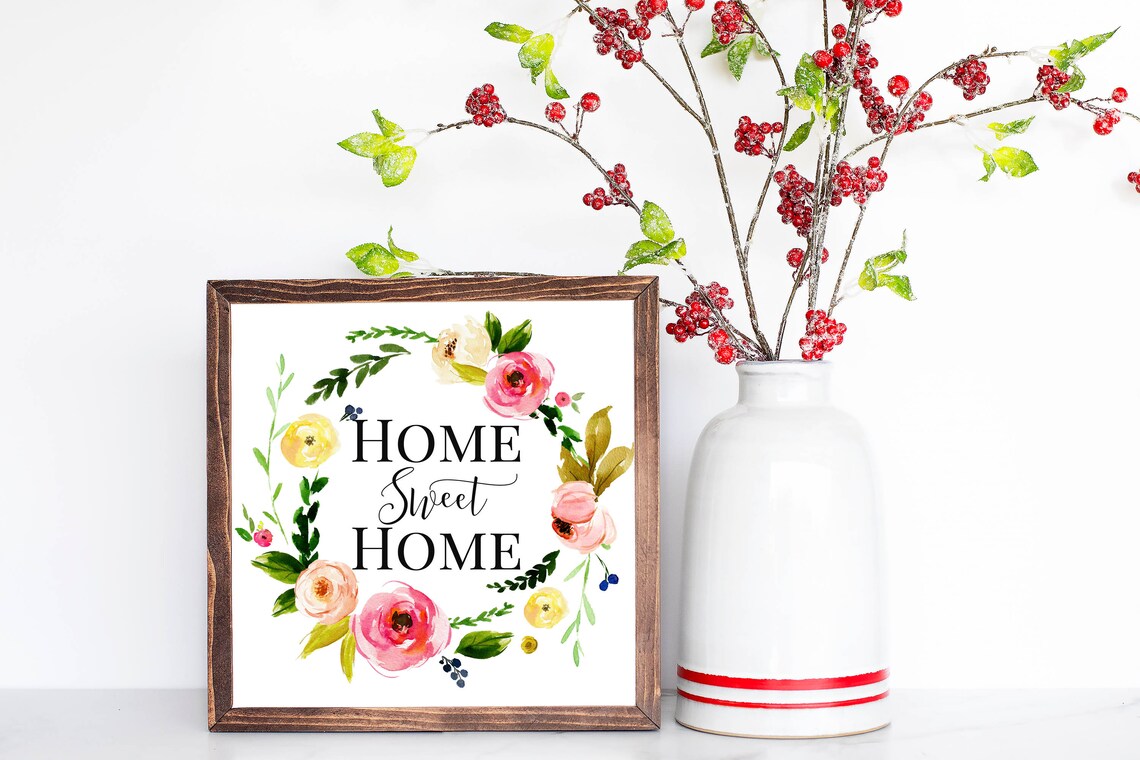 Home Sweet Home Square Floral Wreath Art Print - Image 2