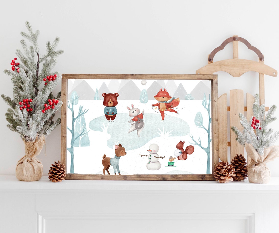 Winter Woodland Animals Ice Skating Watercolor Nursery Forest Poster - Image 2