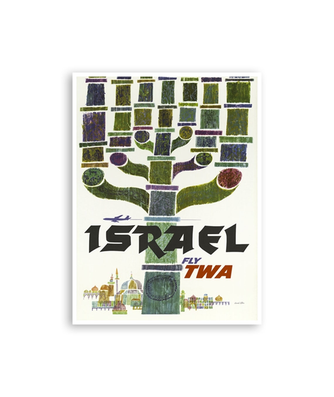 Israel Fly TWA Menorah Collage Jerusalem Skyline Vintage Travel Poster
