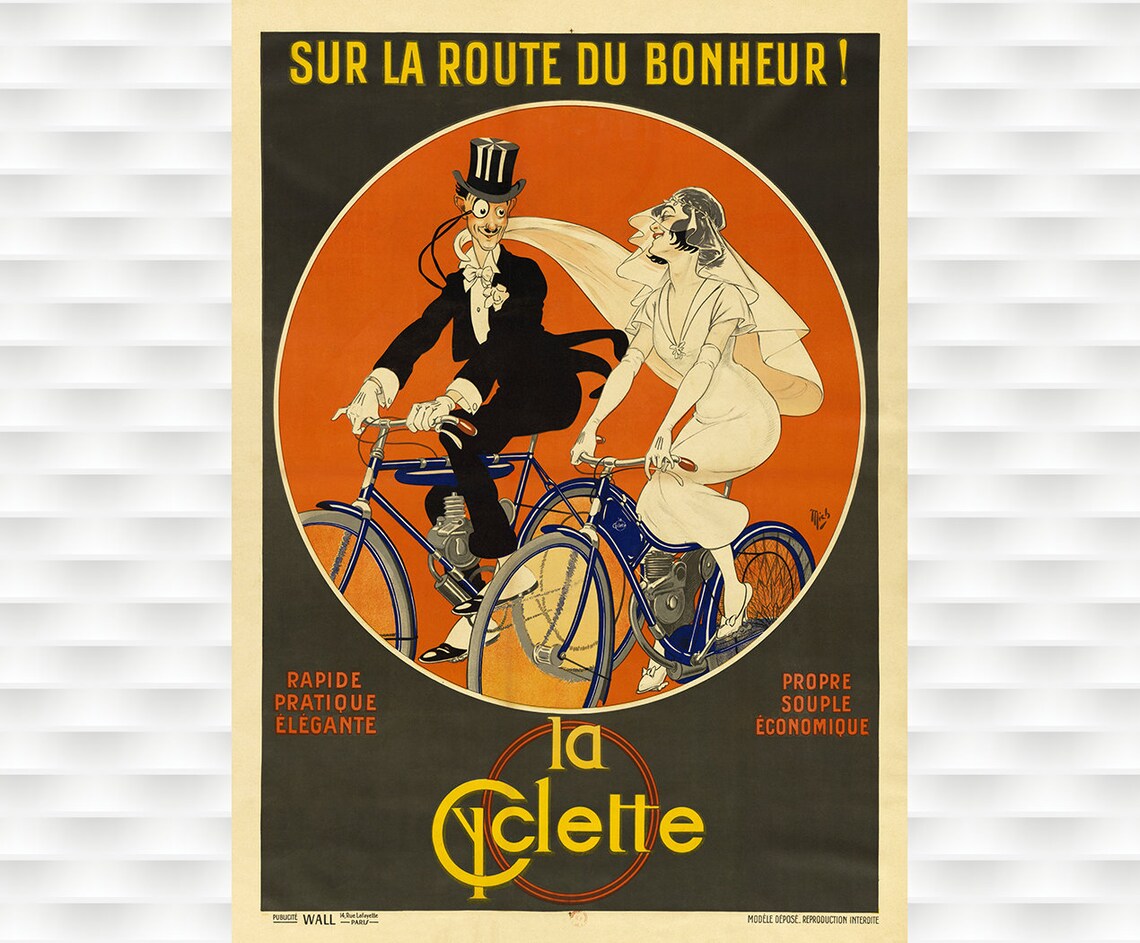 La Route Du Bonheur Wedding Couple Motorbike Vintage French Poster