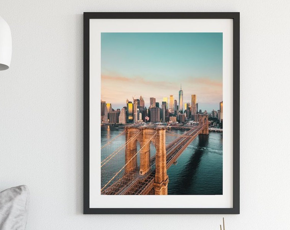 Brooklyn Bridge Sunset Lower Manhattan Skyline Golden Hour Poster - Image 3