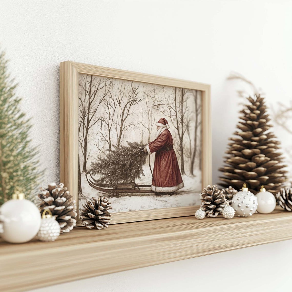 Santa Pulling Sled with Christmas Tree Forest Vintage Poster - Image 5