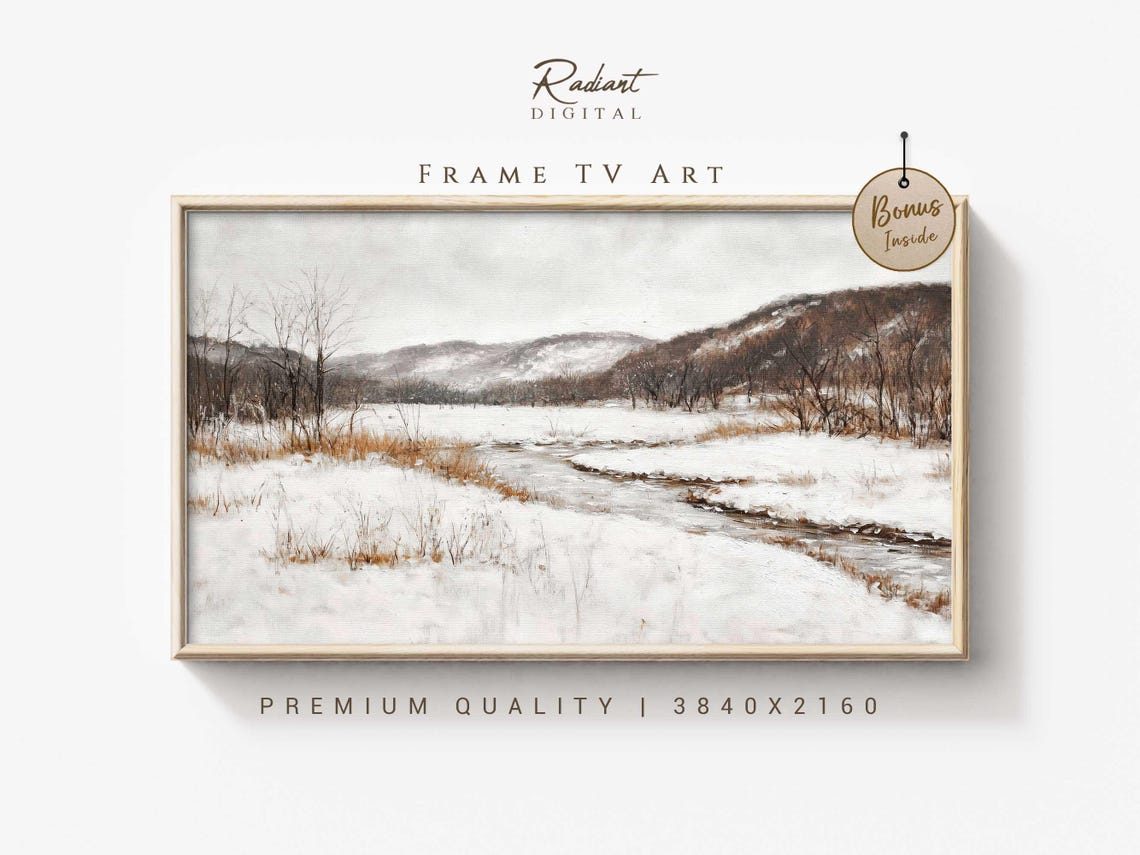 Snowy Valley Stream Quiet Winter Landscape Nature Watercolor Poster