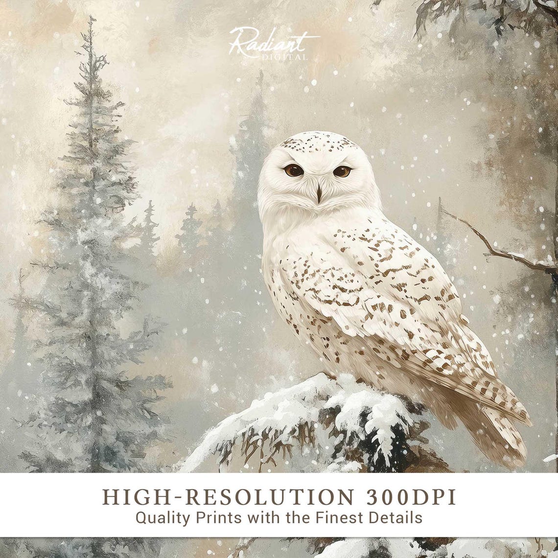 Snowy Owl Perched on Snowy Branch in Misty Evergreen Forest Poster - Image 2