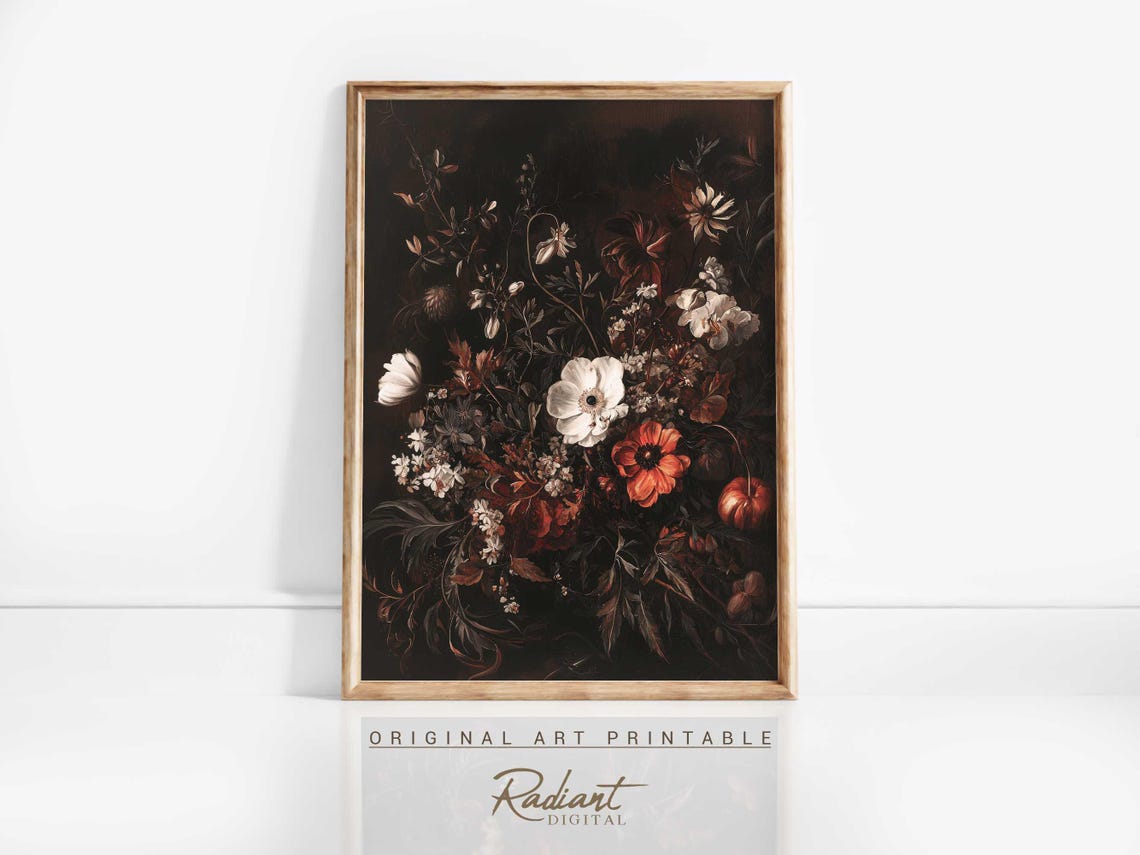 Dark Floral Bouquet Autumn Blooms Vintage Still Life Art Print