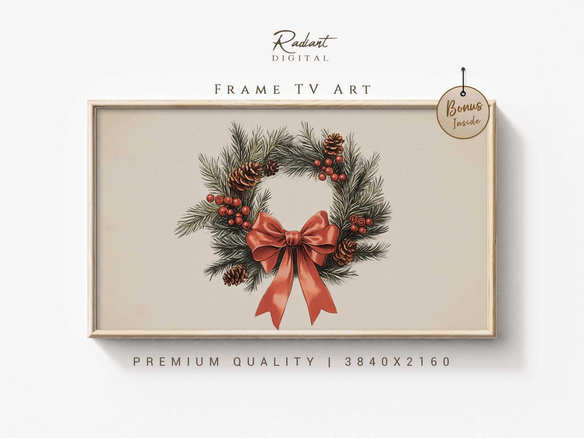 Christmas Wreath Red Bow Pinecones Berries Vintage Holiday Wall Art