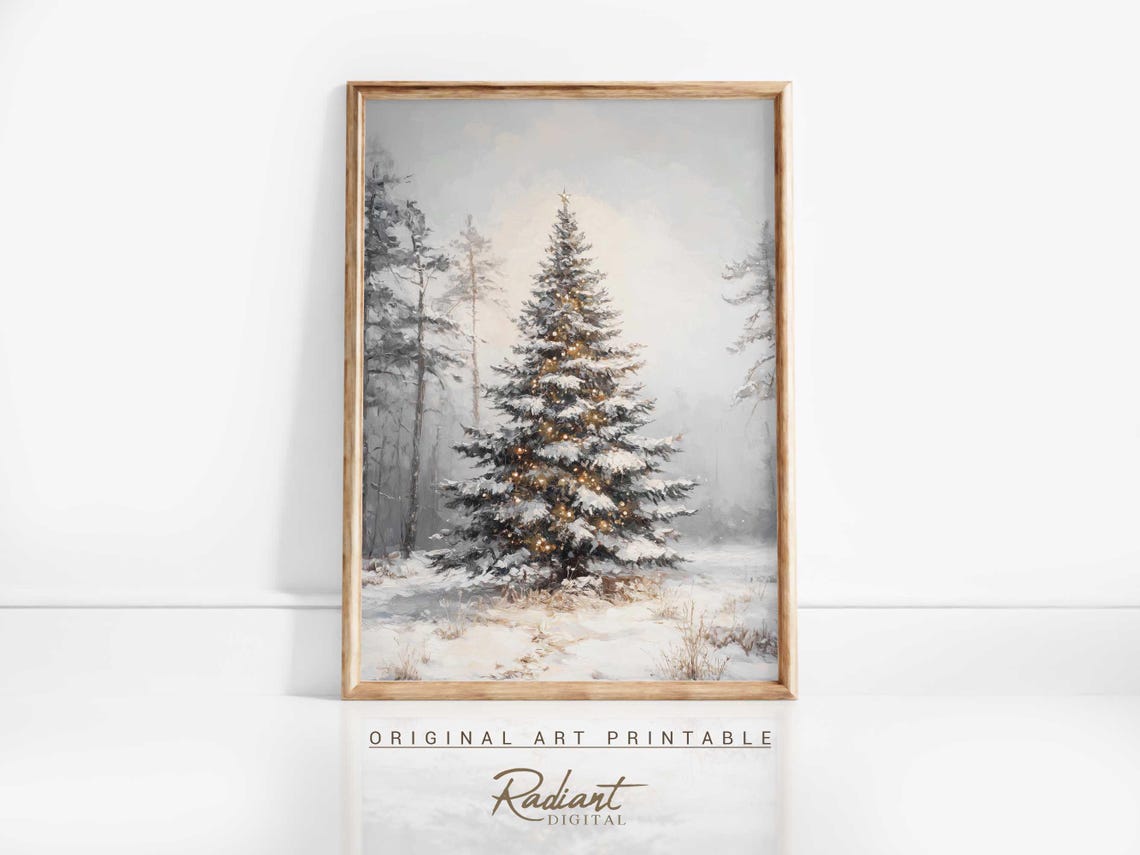 Snowy Christmas Tree Golden Lights Winter Forest Night Wall Art