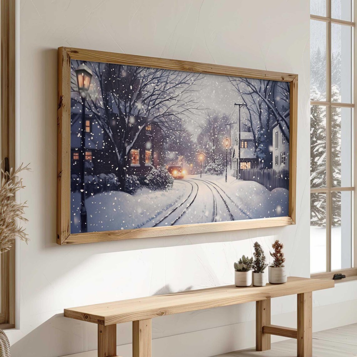 Snowy Village Street Lampposts Nightfall Winter Scene Wall Art - Image 3