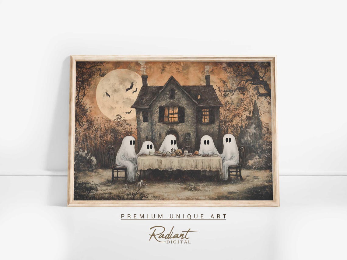Ghost Dinner Party Haunted House Full Moon Halloween Wall Art