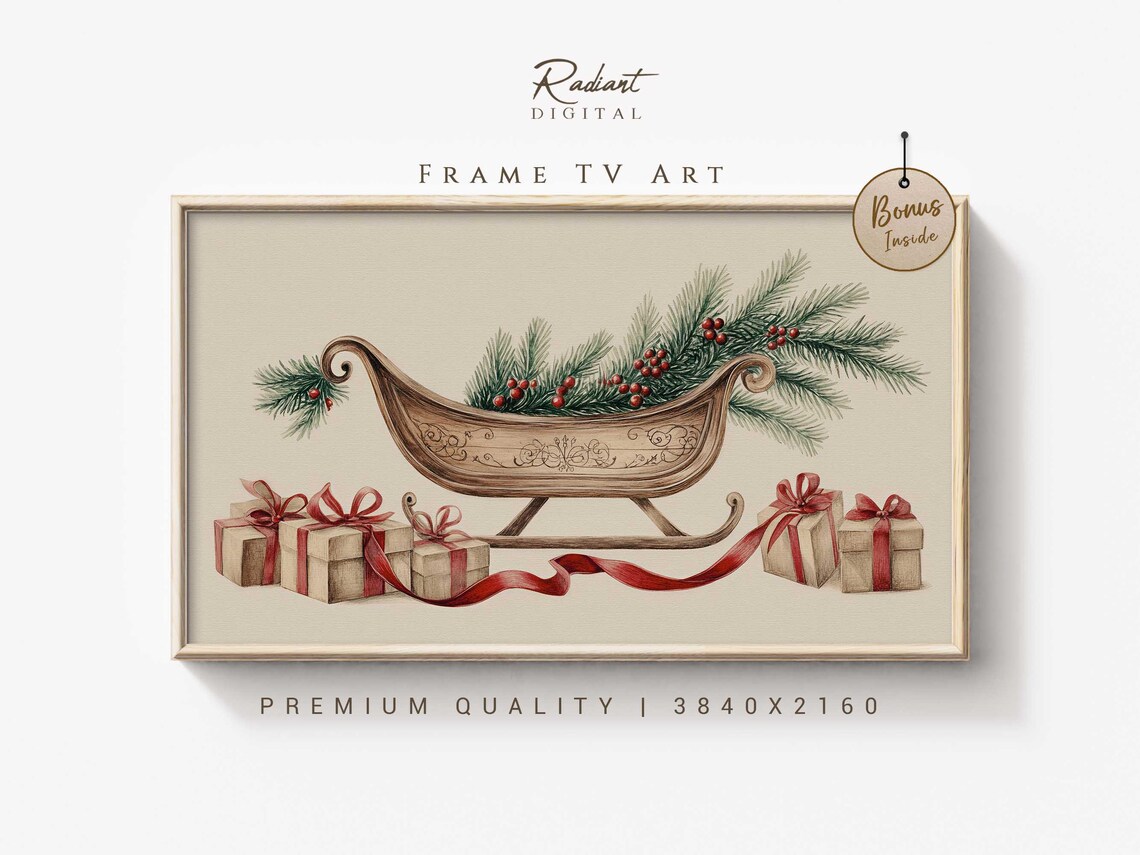 Wooden Sleigh Pine Boughs Red Ribbons Gifts Christmas Sketch Wall Art