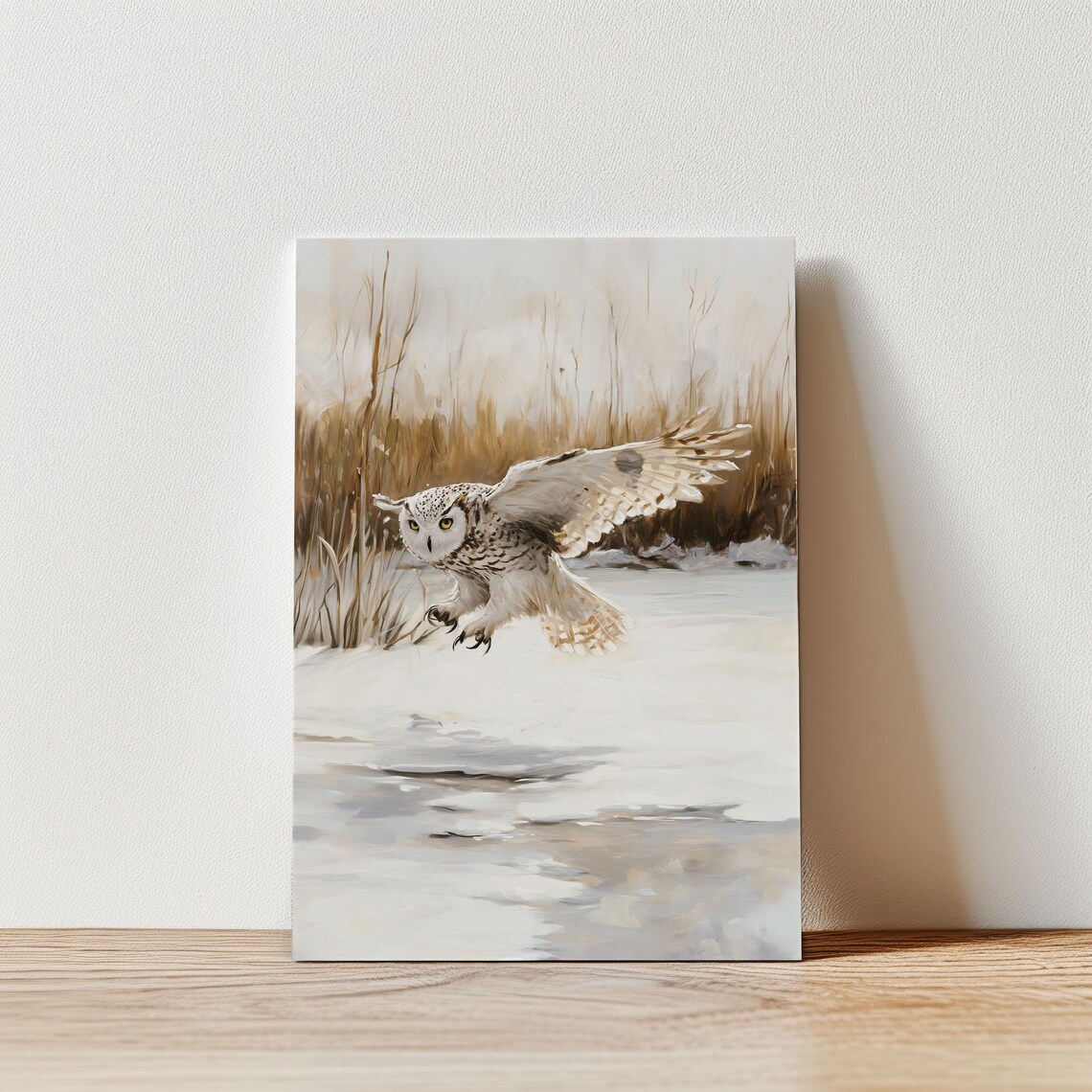 Snowy Owl Flying over Frozen Pond Golden Reeds Winter Poster - Image 4