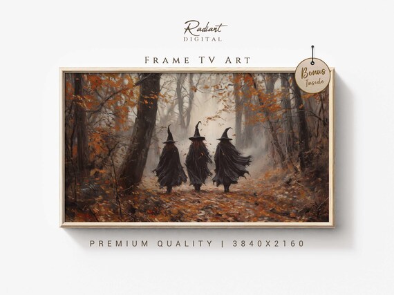 Three Witches Walking Through Misty Foggy Autumn Forest Dark Poster