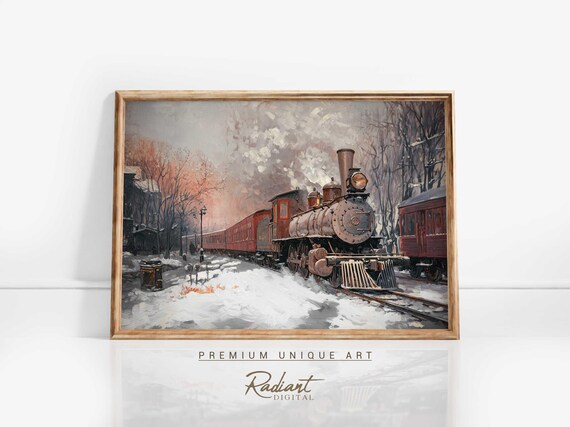 Vintage Red Steam Train Snowy Station Winter Locomotive Art Print