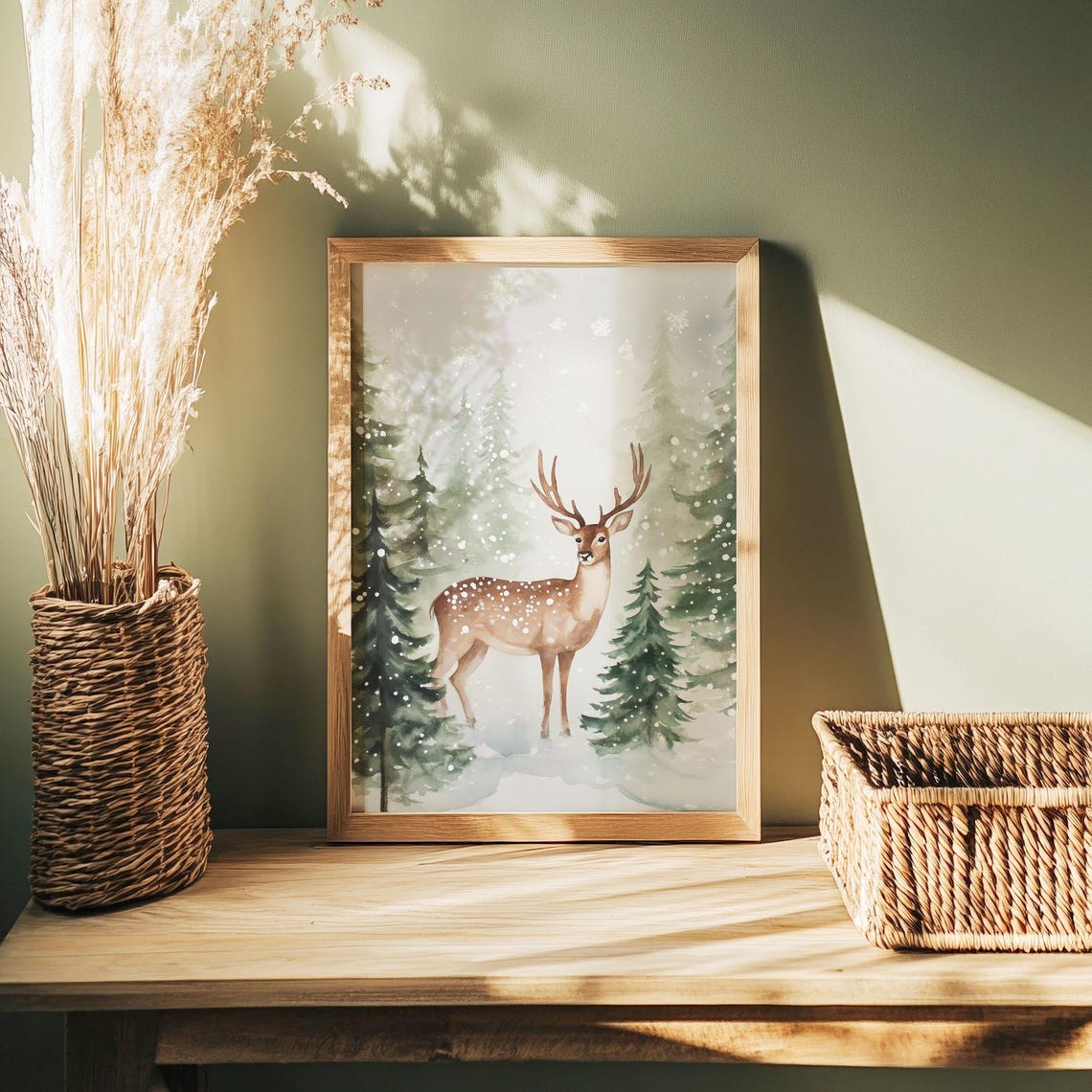 Watercolor Deer with Antlers Snowy Pine Forest Winter Poster - Image 3