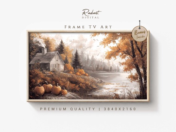 Autumn Lake Cottage Cabin Pumpkin Patch Rustic Fall Landscape Poster