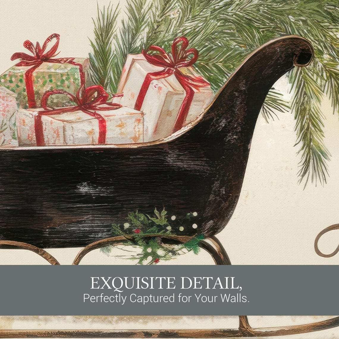 Vintage Black Sleigh with Gifts Pine Branches Holiday Poster - Image 3
