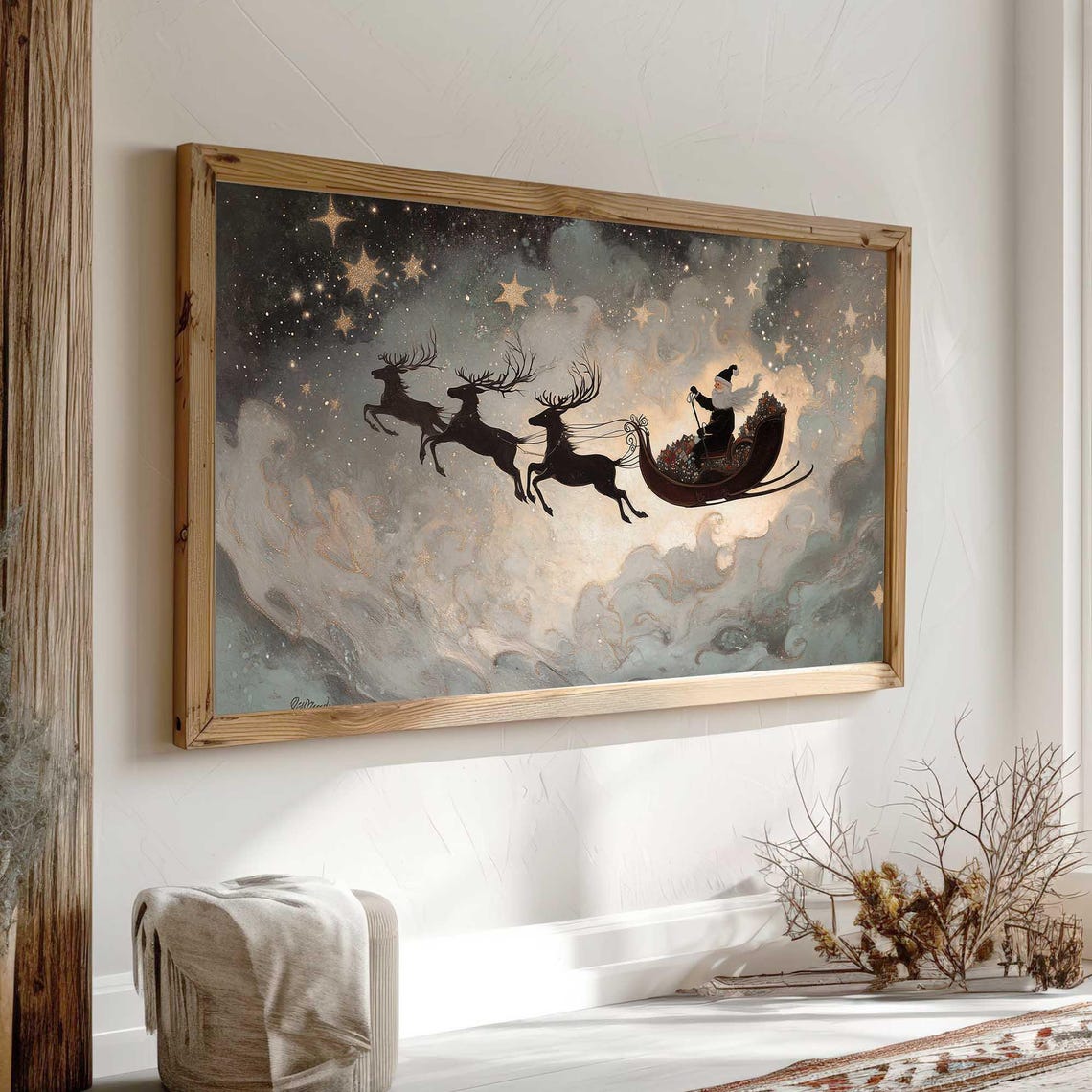 Santa Sleigh Reindeer Silhouettes Starry Night Christmas Wall Art - Image 3