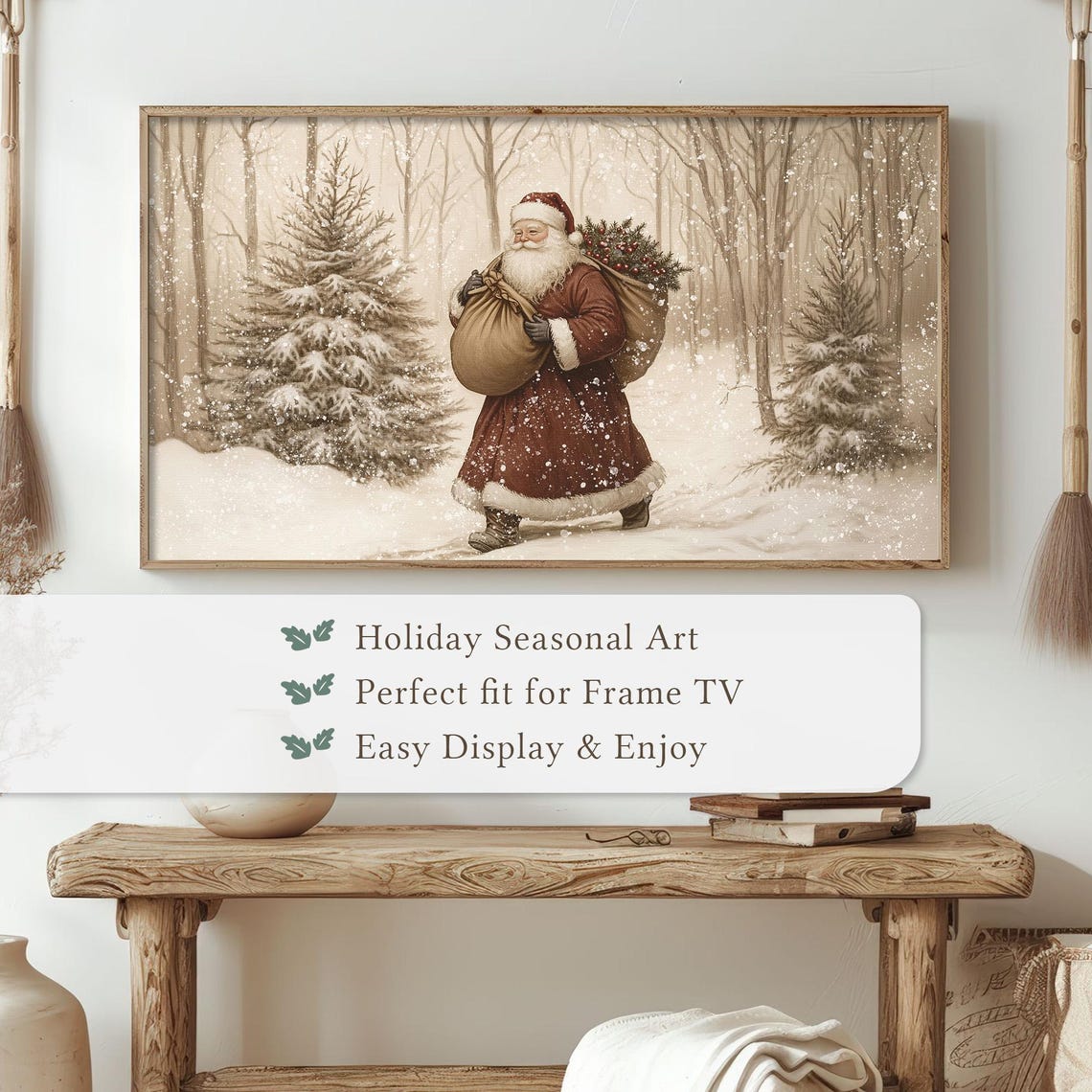 Vintage Neutral Santa Walking Snowy Forest Sketch Style Wall Art - Image 3