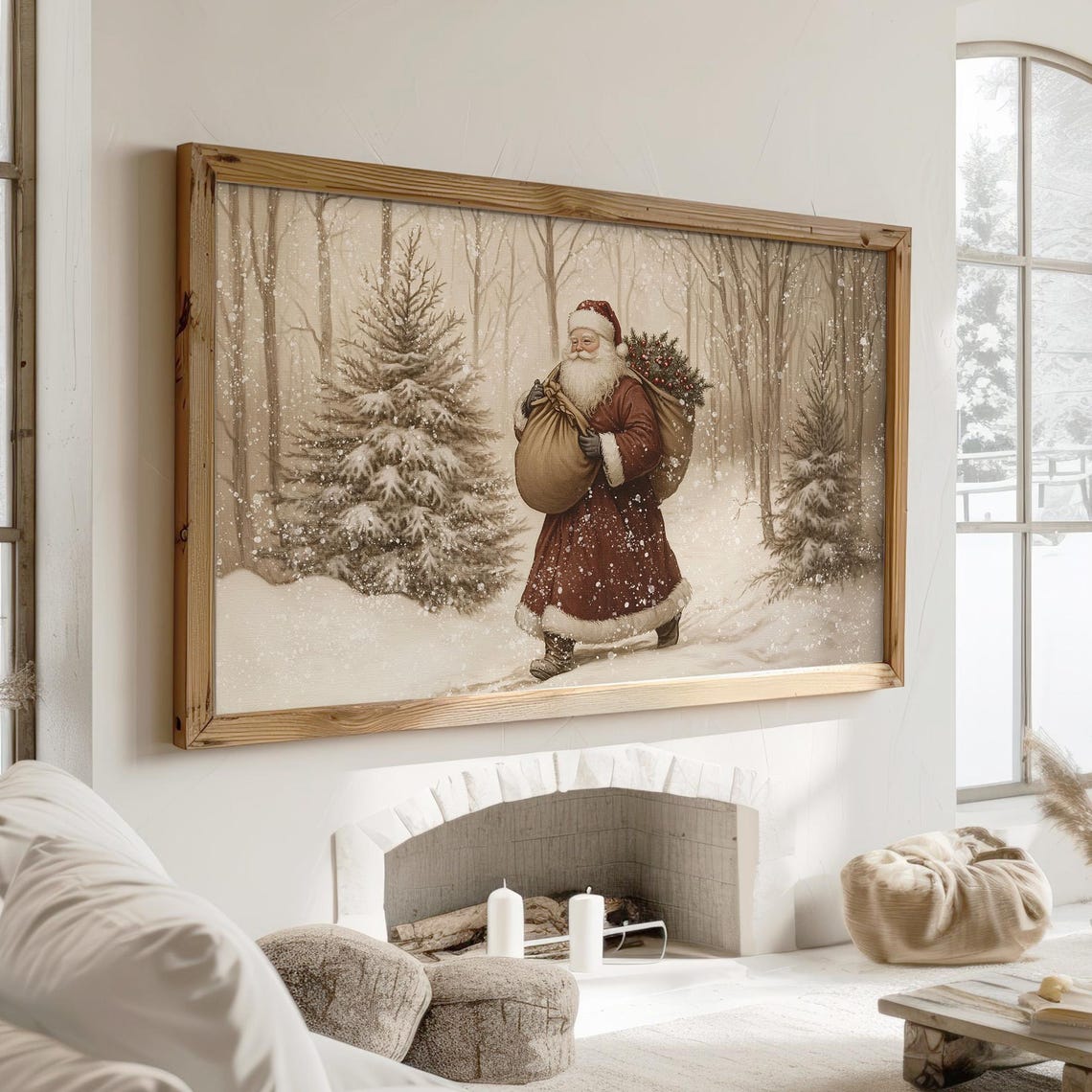 Vintage Neutral Santa Walking Snowy Forest Sketch Style Wall Art - Image 4