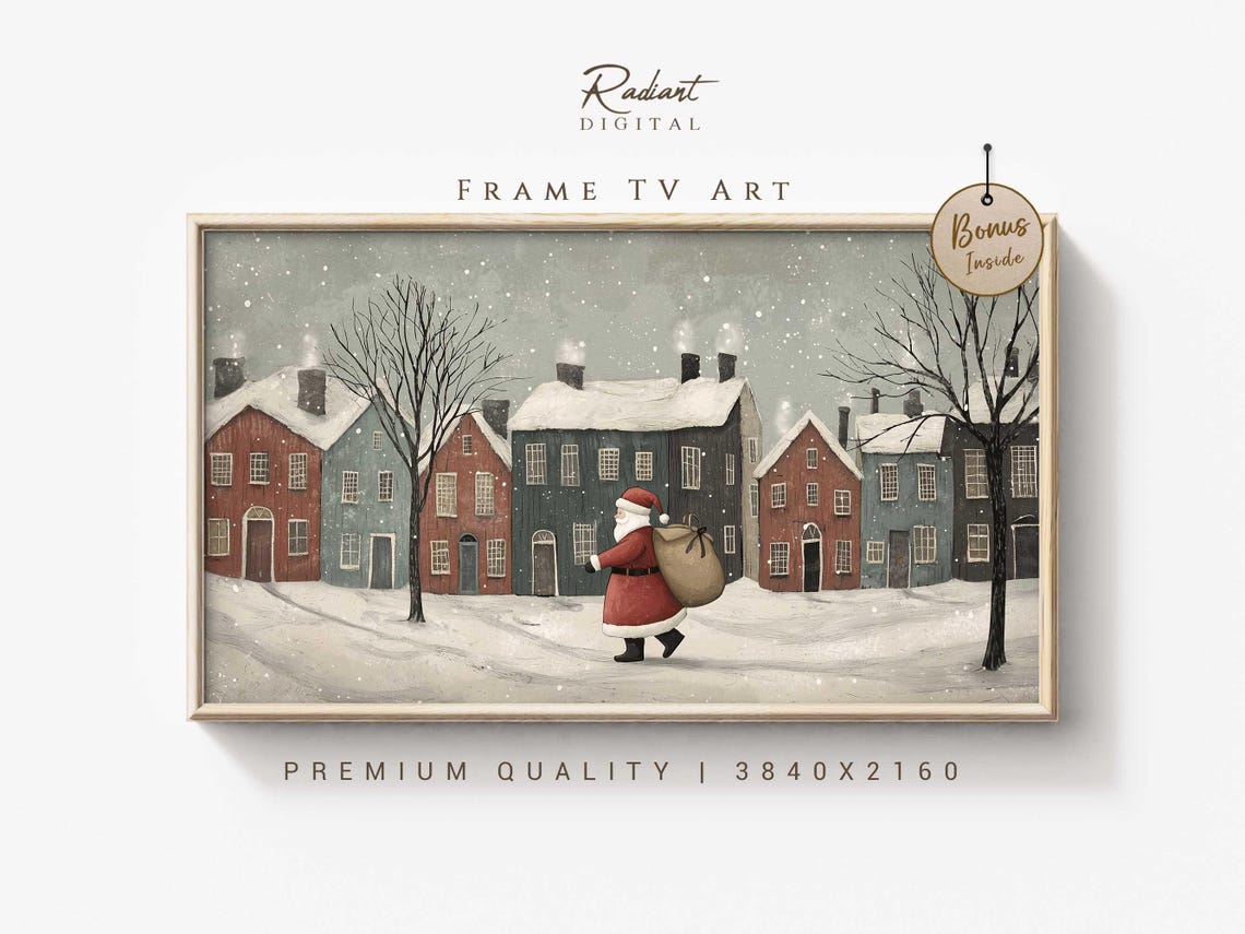 Whimsical Santa Frame Tv Art Vintage Christmas Village Santa Walking In Snow Festive Holiday Scene Tv Art Cozy Christmas Tv Decor
