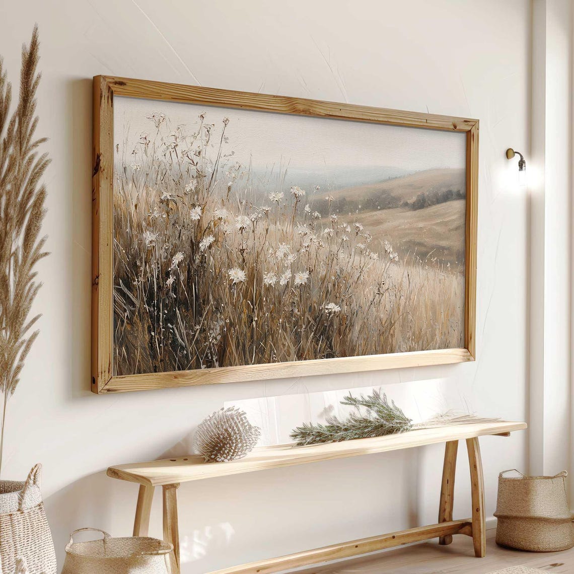 Neutral Wildflower Field Tall Grasses Misty Hills Rustic Wall Art - Image 3