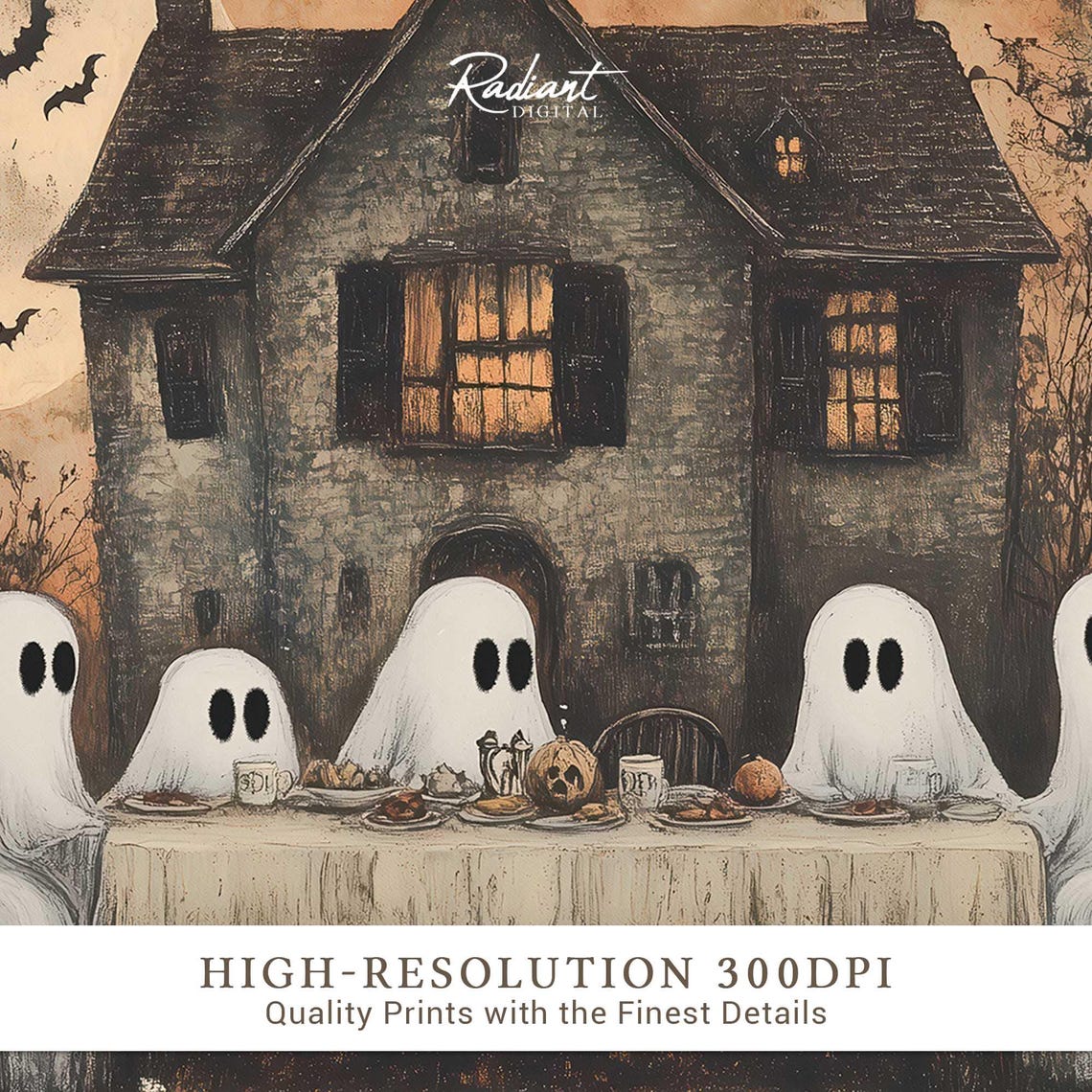 Ghost Dinner Party Haunted House Full Moon Halloween Wall Art - Image 3