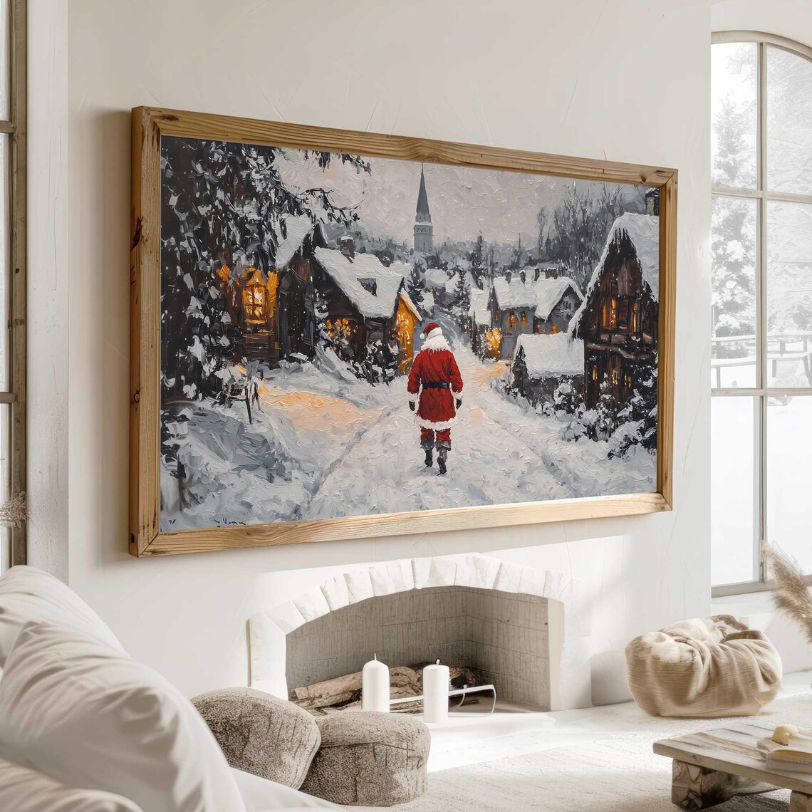 Santa Walking Snowy Village Street Church Steeple Winter Art Poster - Image 3