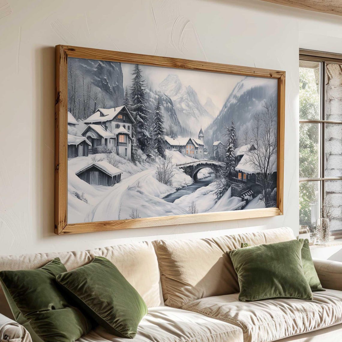 Snowy Alpine Village Chalets Bridge Winter Mountain Wall Art - Image 2