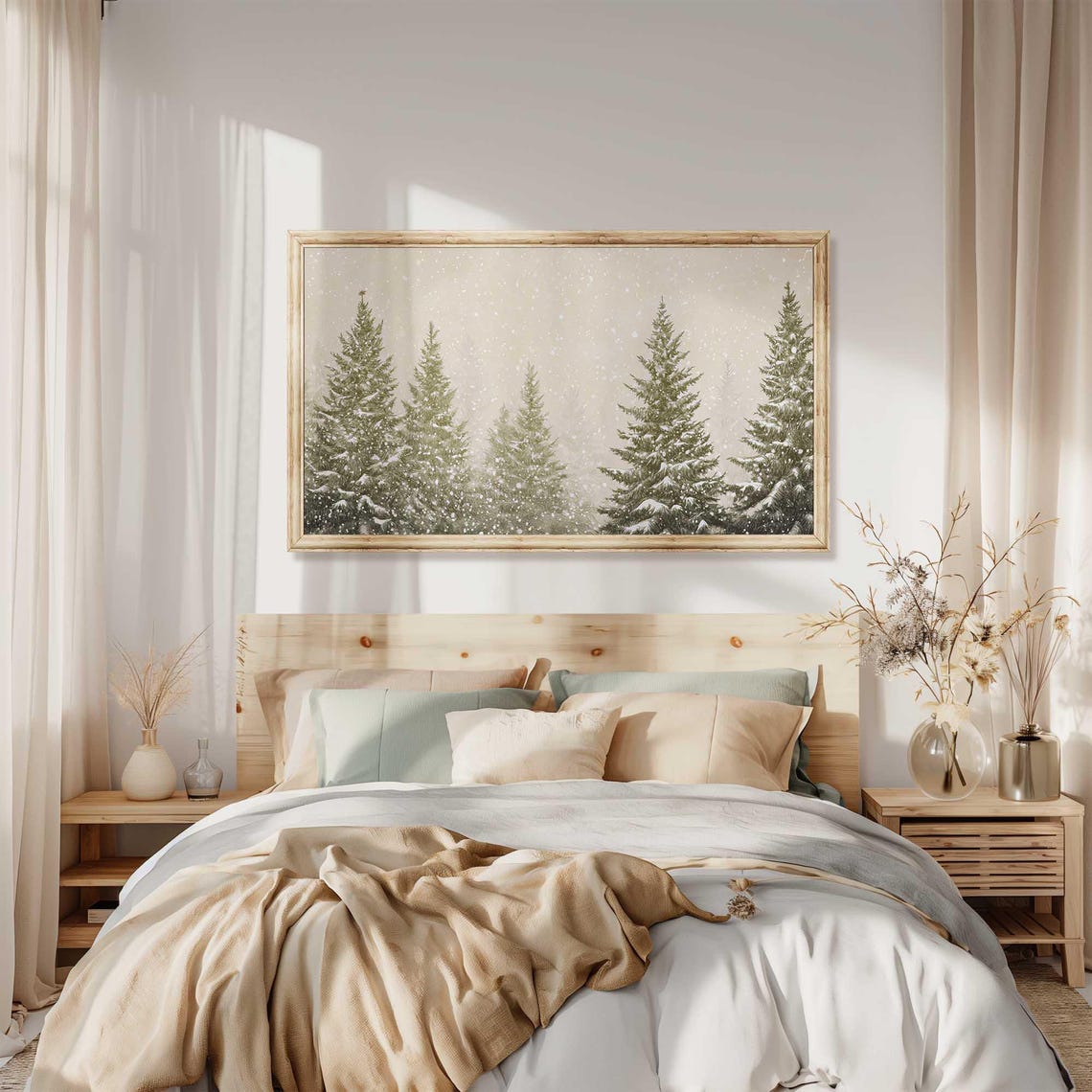 Evergreen Trees in Falling Snow Serene Winter Night Watercolor Poster - Image 2