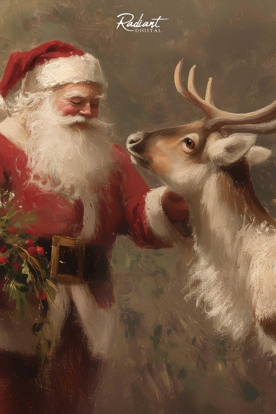 Classic Santa Claus With Reindeer Vintage Christmas Scene Poster - Image 3