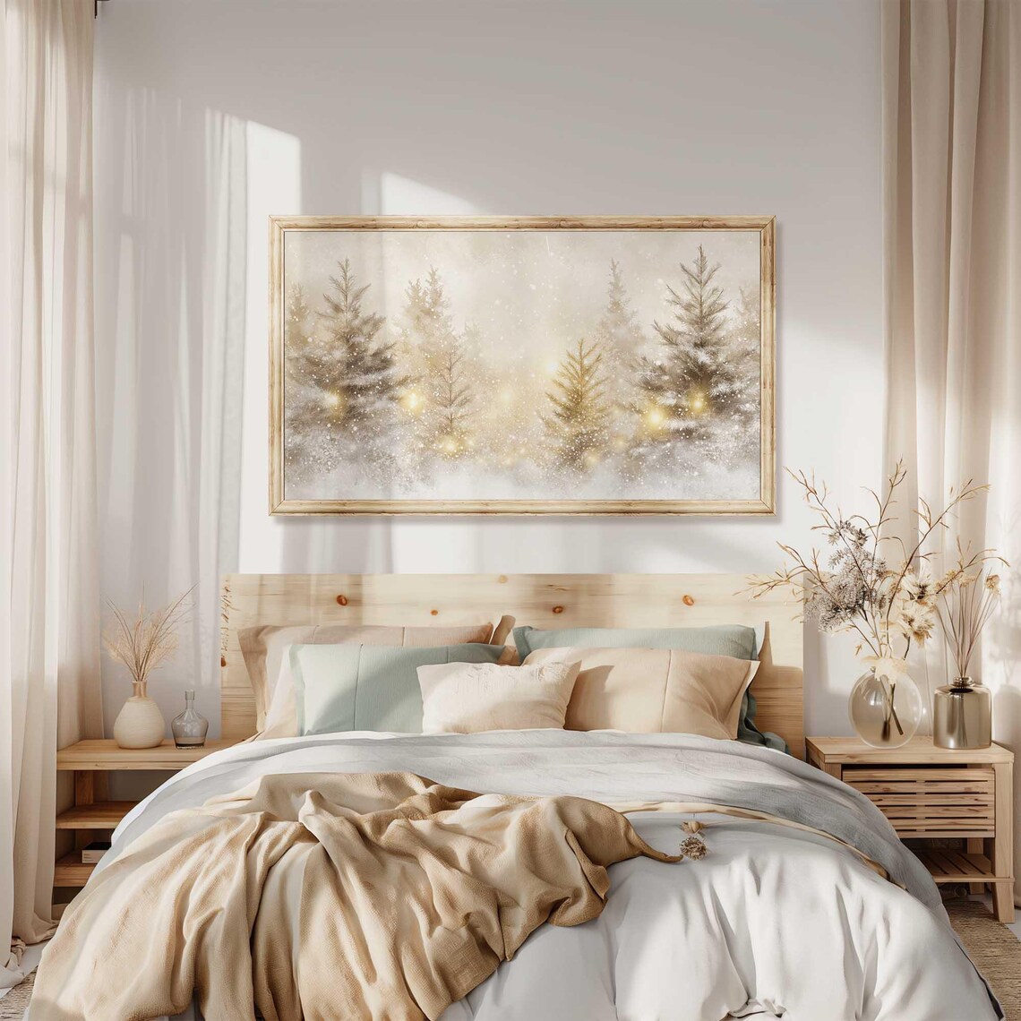 Golden Glowing Snowy Pines Christmas Lights Watercolor Poster - Image 3