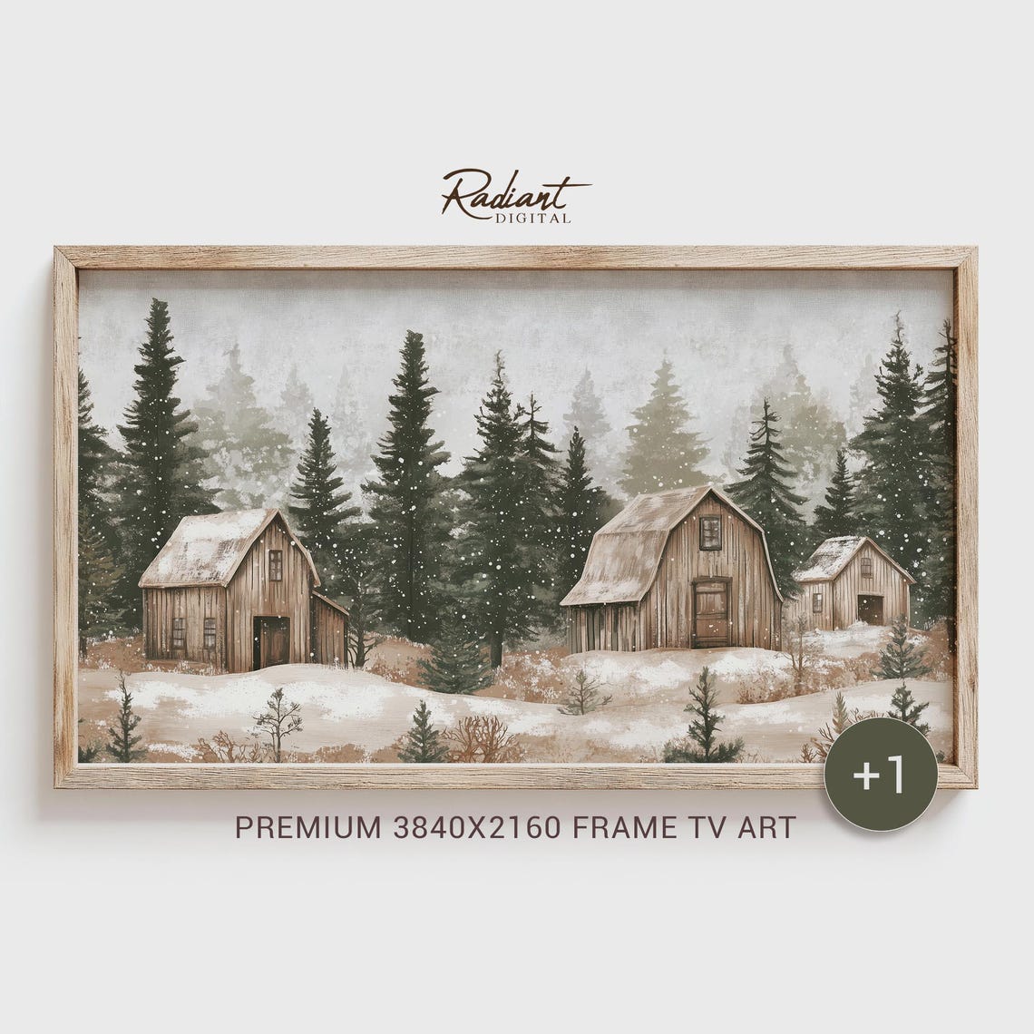 Rustic Barns in Snowy Pine Forest Winter Farmhouse Watercolor Poster