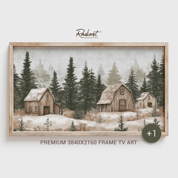 Rustic Barns in Snowy Pine Forest Winter Farmhouse Watercolor Poster