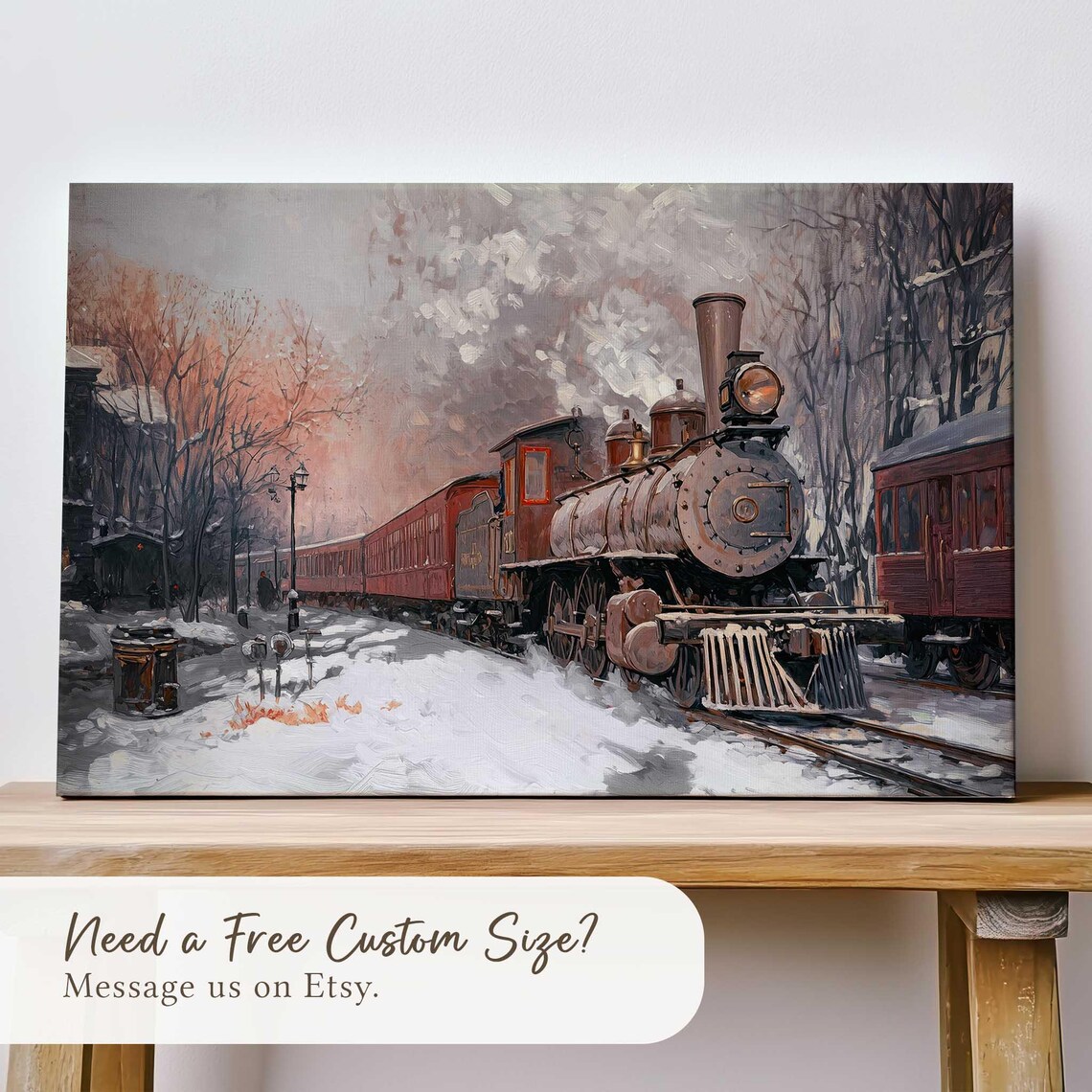 Vintage Red Steam Train Snowy Station Winter Locomotive Art Print - Image 2