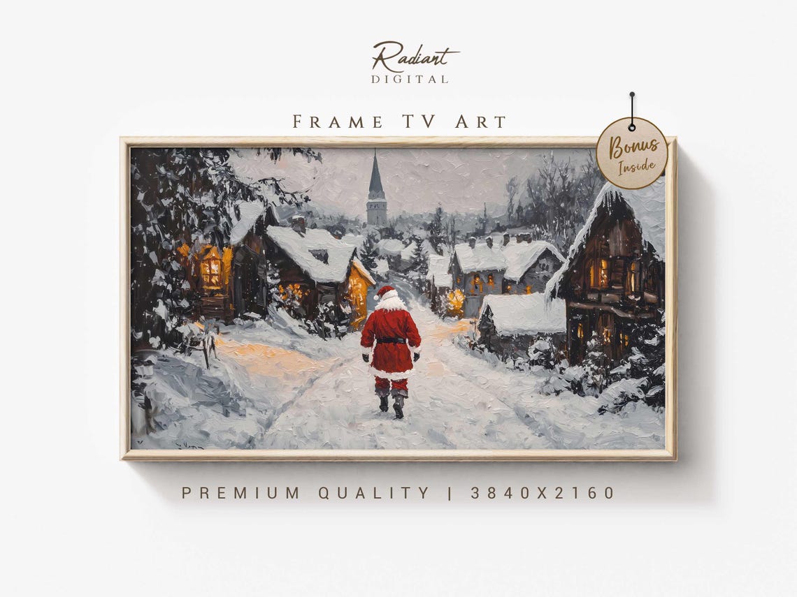 Snowy Village Santa Frame Tv Art Christmas Holiday Scene Tv Art Winter Wonderland Frame Tv Display Festive Home Decor Cozy Tv Art