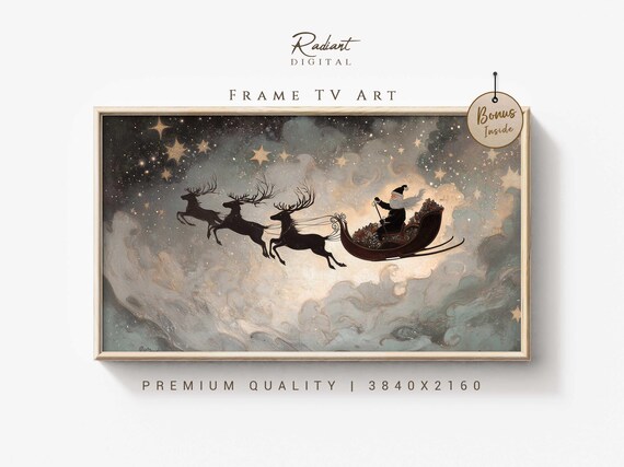 Whimsical Santa Frame Tv Art Magical Sleigh Ride Christmas Decor Starry Night Holiday Art Reindeer Sky Scene Vintage Tv Display