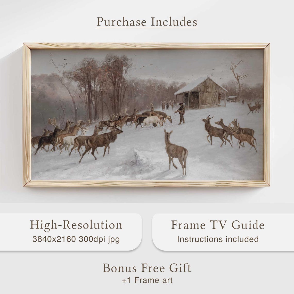 Antique Winter Deer Herd Feeding By Snowy Barn Painting Wall Art - Image 4