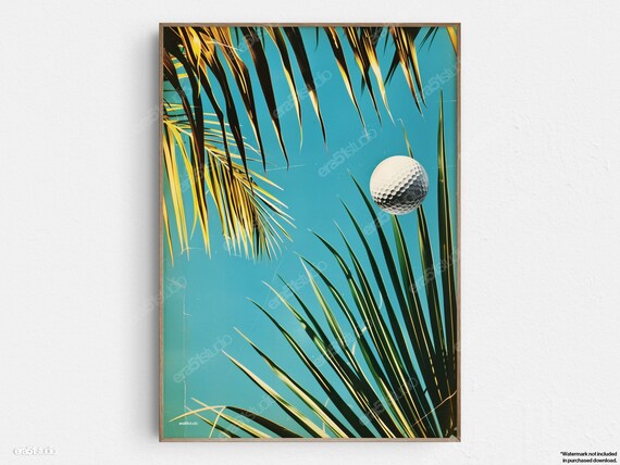 Golf Ball Flying Over Palm Trees Tropical Midcentury Art Print