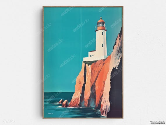 Lighthouse On Cliffs Edge Original Mid Century Modern Minimalist Wall Art