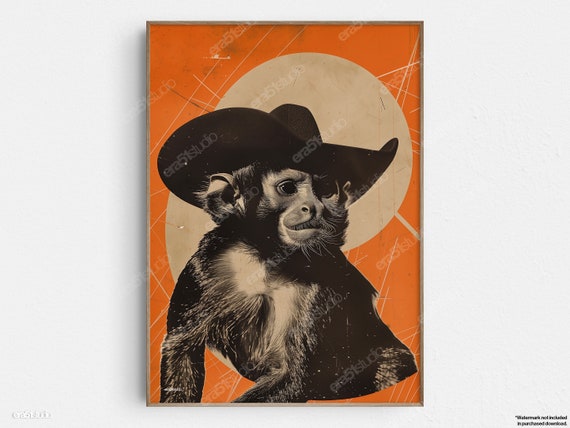 Tamarin Monkey Cowboy Original Midcentury Modern Minimalist Wall Art