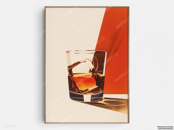 Whiskey Glass Ice Modern Art Original Midcentury Minimalist Wall