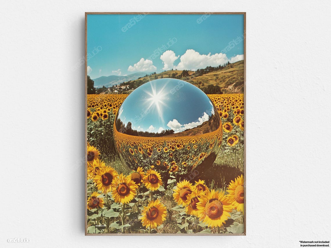 Sunflowers Reflection Retro Sphere Original Midcentury Modern Minimalist Wall Art