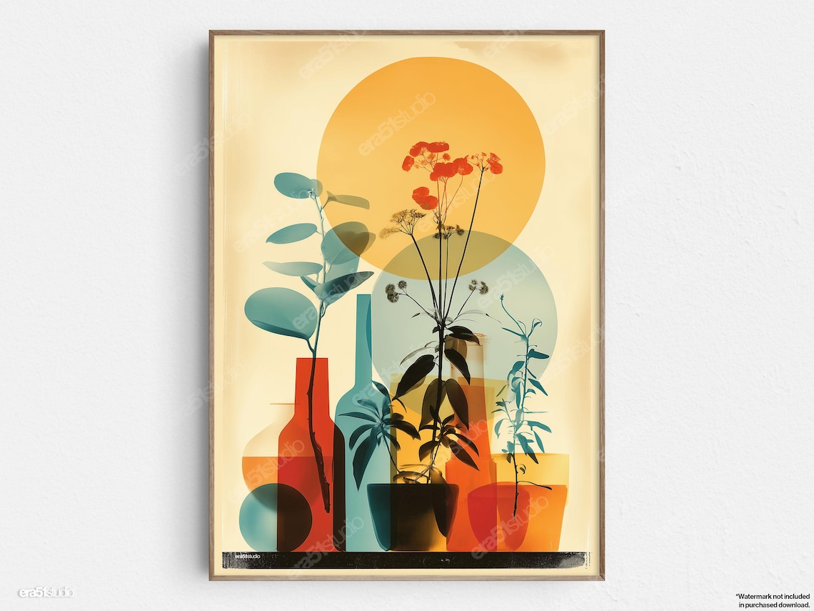 Geometric Houseplants Wine Mid-Century Modern Art Print