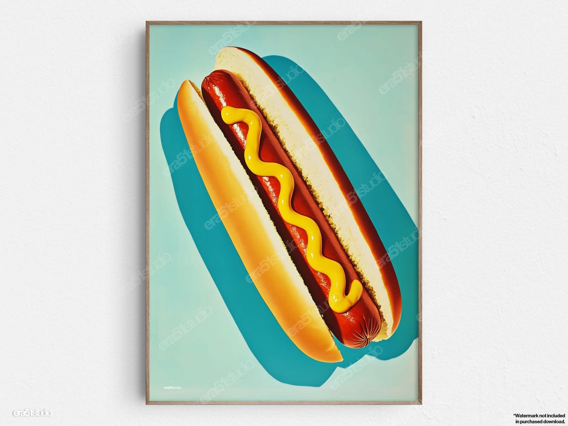 Hot Dog Pop Art Style Original Midcentury Modern Minimalist Wall