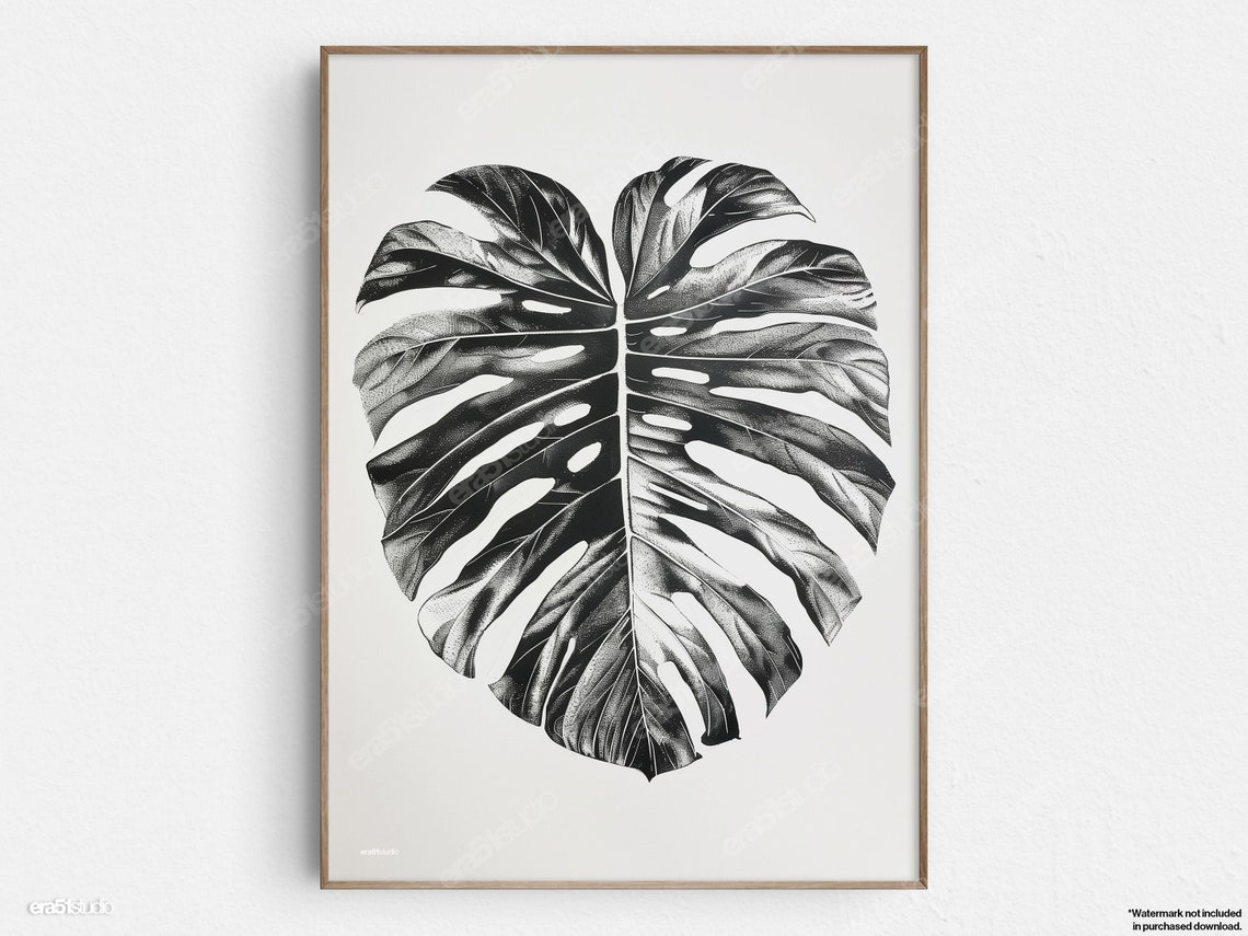 Black and White Monstera Leaf Art Print