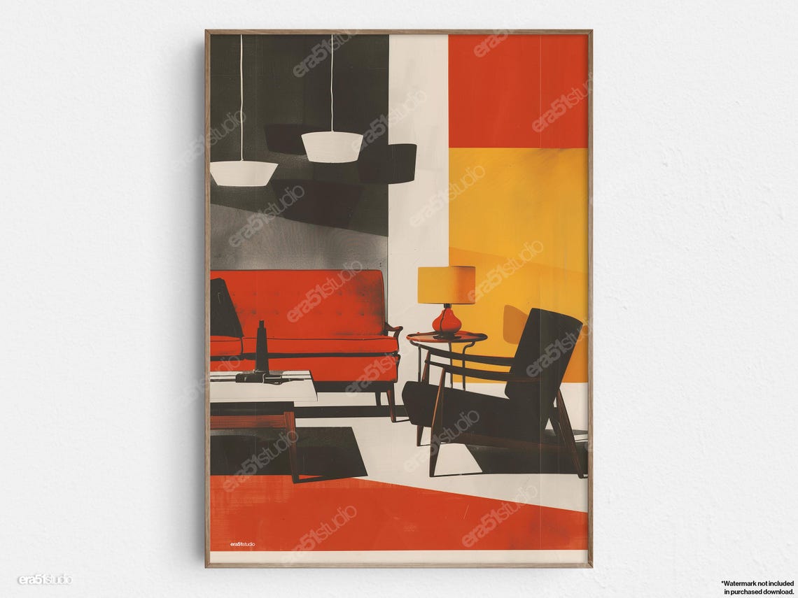 Midcentury Modern Living Room Retro Interior Design Wall Art